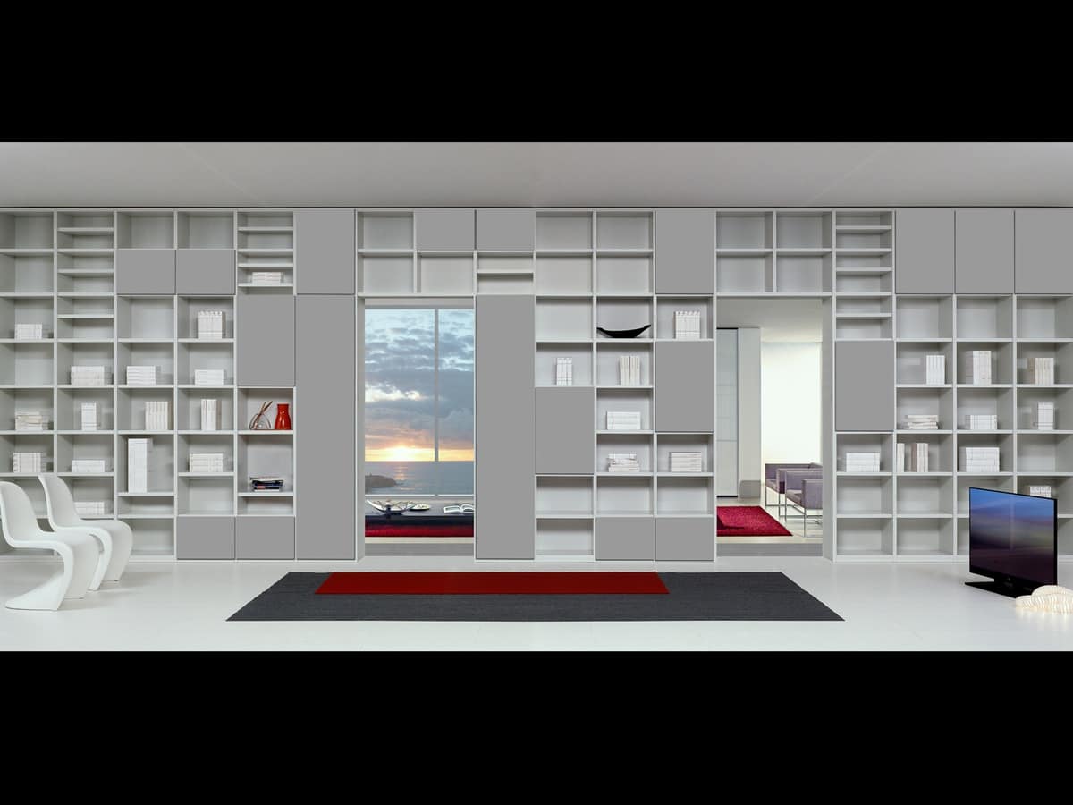 Arredo modulare con forme essenziali per soggiorni for Libreria soggiorno design