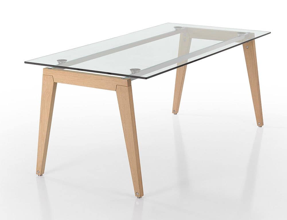 Tavolo rettangolare con gambe in legno e piano in vetro for Gambe tavoli design