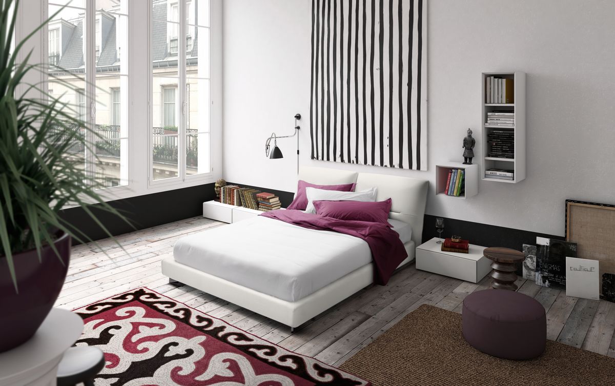 Vintage, Letto design, giroletto in legno, testata imbottita reclinabile