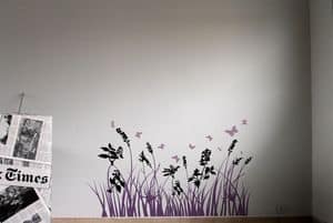 COLORFUL GRASS Black-Pink-Purple, Adesivo murale floreale, con erba, fiori e libellule