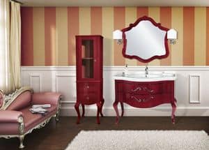 Country Corinto comp.16CY, Composizione arredo bagno, mobile e specchiera in rosso mogano, lavabo integrale in ceramica, in stile classico