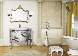Country Argo comp.26CY, Composizione arredo bagno, finiture in bianco, specchio in foglia oro, lavabo in ceramica, in stile classico