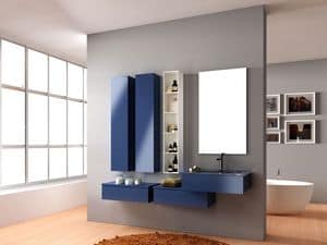 Fly comp.1, Composizione bagno moderno con mobile bagno, specchiera e armadi
