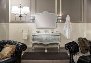 Laguna 2, Arredo bagno con base sospesa per lavabo, laccata RAL 7044 opaco con spigolature e fregi, stile barocco