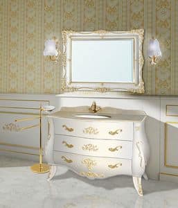 Retr Maddalena comp.43DC, Composizione con mobile da bagno e specchiera, colore bianco patinato cannella, decorazioni foglia oro