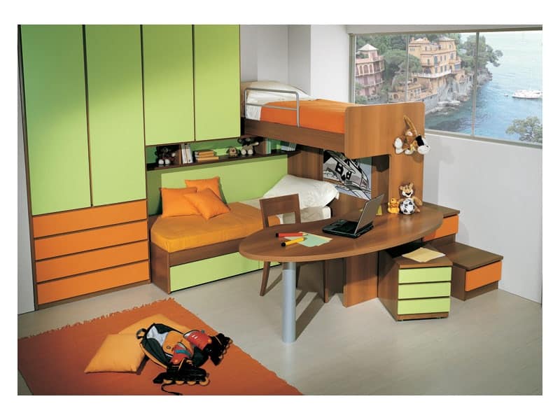 Cameretta 3, Cameretta con doppio letto, scrivania inclusa nella struttura a castello, finitura verde ed arancione