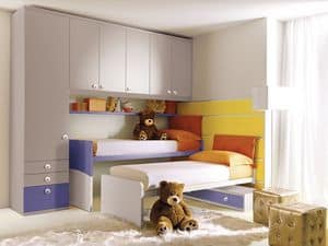 Comp. 208, Letto per bambini con boiserie attrezzata, cromatismi