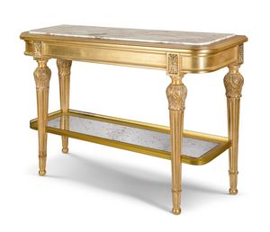 Consolle 25-1054, Lussuosa consolle in legno finitura oro, con piano superiore in marmo