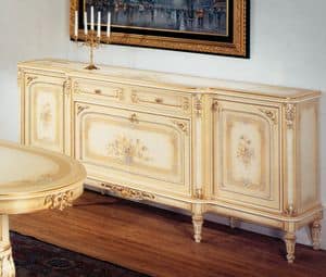 Art. L-789 bis, Credenza con 2 porte, 2 cassetti e 1 ribalta, decori floreali, cornici dorate, per ambienti classici di lusso