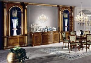 Boiserie con nicchie, Boiserie in pannelli di legno multistrato, cornici in legno massello, per ambienti in stile classico di lusso