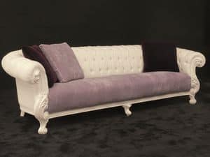 Queen 4 posti tessuto, Ampio divano, stile new barocco, laccato bianco