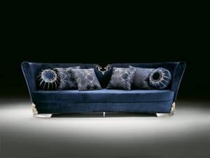 Saraya Divano, Elegante divano, rivestito in velluto blu, per salotti di lusso