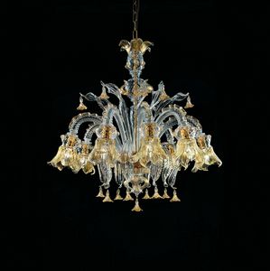 Art. VO 106/L/8, Elegante lampadario con decori cristallo e foglia oro
