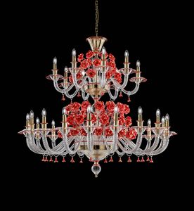 Art. VO 155/L/16+8, Lampadario con fiori decorativi in vetro rosso