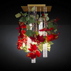 Flower Power Poinsettia, Lampadario con fiori artificiali e canne in vetro muranese
