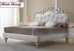 Butterfly Letto, Letto matrimoniale imbottito, con decori a foglia argento