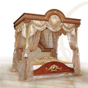 F517 Letto con Baldacchino, Letto lussuoso con baldacchino, in legno massello intagliato