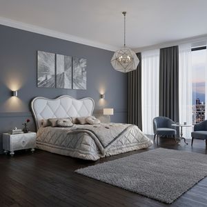 Art. 476, Letto con raffinata testiera imbottita e legno finitura foglia argento