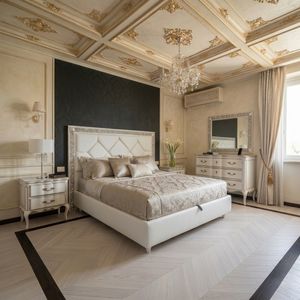 Art. 843 S, Elegante letto con testata imbottita e cornice decorativa