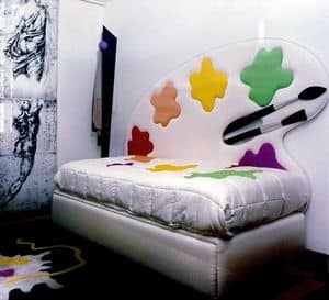 Letto Spirito Libero 3, Letto singolo con testata imbottita e decorata, ideale per stanza da letto per bambini