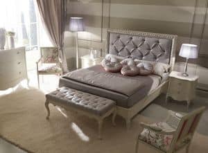 Rudy 6040 letto, Letto classico di lusso, con testiera capitonn, cornice decorata con finitura argento