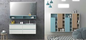 Torana TR 021, Mobile da bagno bianco, con dettagli azzurri, lavabo integrato nel piano