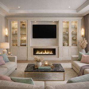 Parete su misura con camino, Parete attrezzata su misura per l'arredo living contemporaneo