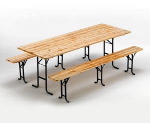 Set birreria tavolo e panche in legno - SB223LEG, Panche e tavolo fatte in abete, chiudibili e stabili