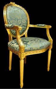 Art. L-794, Sedia capotavola in legno intarsiato, seduta e schienale imbottiti, laccato oro, in stile classico