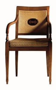 Cecilia FA.0155, Poltroncina in legno massiccio, seduta imbottita ricoperta in tessuto, schienale in rete, in stile Luigi XVI