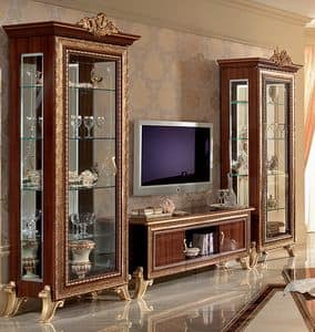 Giotto mobile TV 02, Porta tv classico con vetrine laterali, con decori dorati