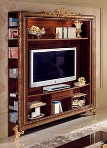 Giotto mobili TV 01, Porta tv con libreria con decori dorati, semplice e funzionale