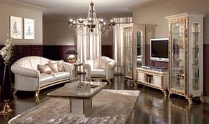 Raffaello mobile tv, Porta tv di lusso, laccato bianco perlato con decori dorati