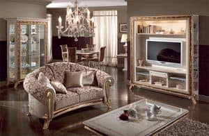 Raffaello parete tv, Porta tv di lusso, laccato bianco perla, decori in oro