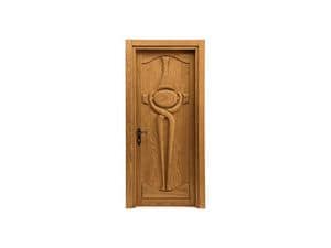Castello, Porta in legno di castagno massiccio intagliato, dalle linee rustiche, maniglia in ferro battuto