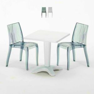 Tavolino Quadrato Bianco 70x70cm Con 2 Sedie Colorate Interno Esterno Bar DUNE TERRACE, Set da giardino con tavolino e sedie