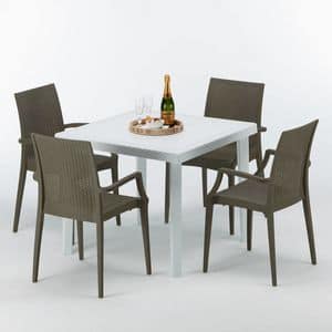 Tavolo e sedie da esterno giardino  S7090SETB4, Tavolino in polyrattan, per ristoranti e giardini