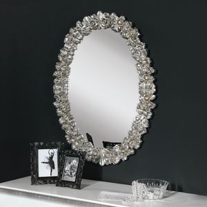 Luxury PASP7330, Specchiera con rose intagliate, in foglia argento
