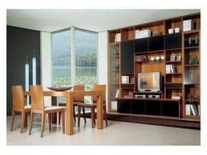 Soggiorno 2, Tavolo legno con prolunga, libreria modulare con porta tv, per l'arredo del salotto