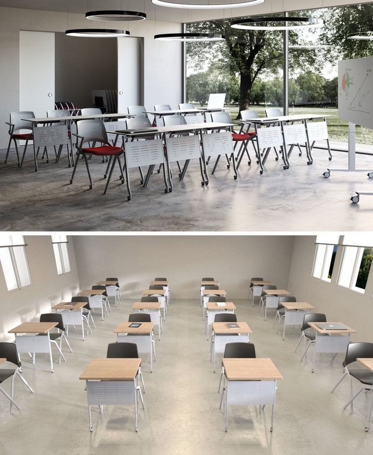 Pitagora, Tavolo con piano ribaltabile, impilabile orizzontalmente, per aule formazione e conferenze