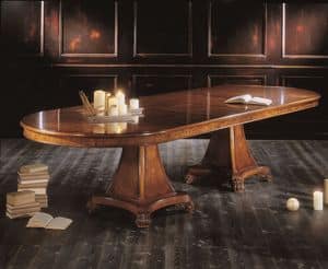 3511, Tavolo ovale allungabile, impiallacciato in essenze naturali di noce e radica di frassino bianco, per ambienti in stile classico