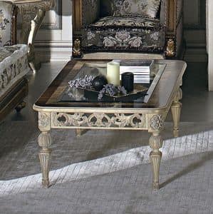 7537, Tavolino rettangolare, in tiglio massello, piano a telaio in legno con vetro, per stanze in stile classico