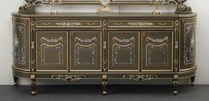 Art. L-921 K bis, Credenza in legno con 6 porte e 2 cassetti, decorazioni floreali dorate e argentate, in stile classico