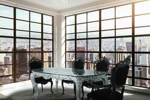 Luxury, Tavolo classico di lusso con piano in vetro e finitura color argento