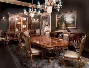 Odessa, Sala da pranzo intarsiata, tavolo in legno massello in stile impero