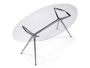 Metropolis 100x180cm, Tavolo di design in metallo con piano ovale in vetro