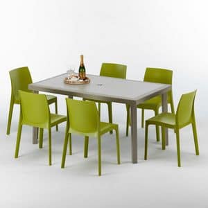 Set arredo tavolo e sedie pranzo cena esterno  S7050SETJ6, Tavolo rettangolare in rattan, elegante e durevole
