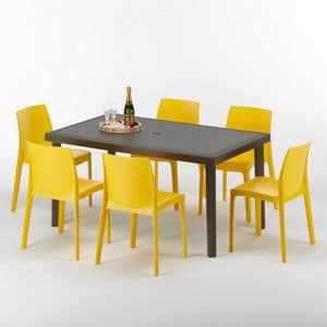 Set giardino esterno tavolo e sedie  S7050SETMK6, Tavolo per esterni, in rattan, fatto in polyrattan