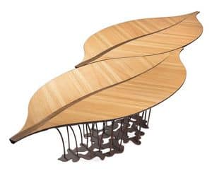Fenice, Tavolo a forma di foglia con piano in legno e base in metallo