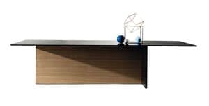 Regolo dining table, Tavolo con top in vetro trasparente o fum, base composta in legno e in vetro